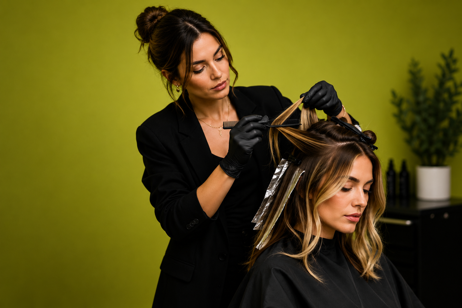 Professional hairdresser weaving a fine section and applying foils to a client's hair in a salon